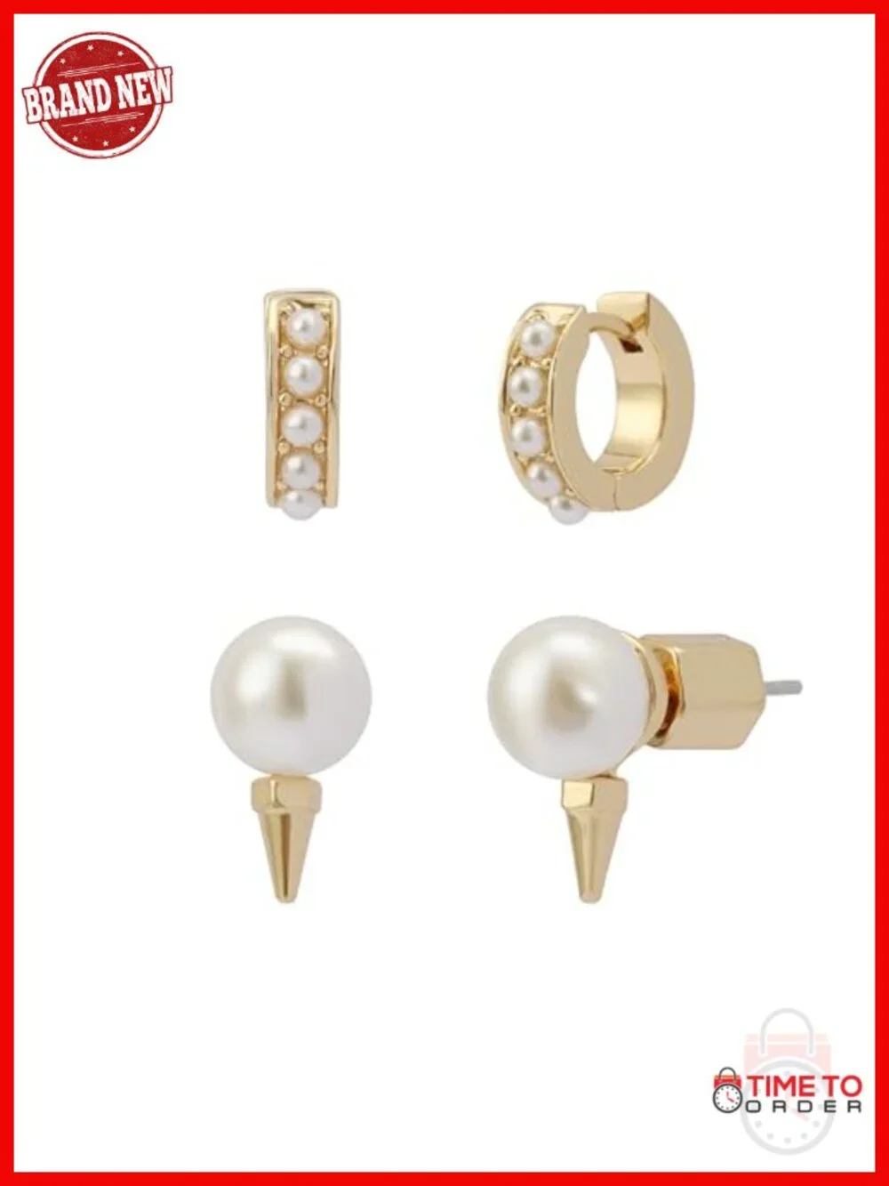 Huggie Earring Set with Mini Pearls and Spike Hardware